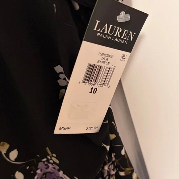 New with Tags Lauren Ralph Lauren Black Purple Floral Dress Stretchy Size 10 - Picture 3 of 4